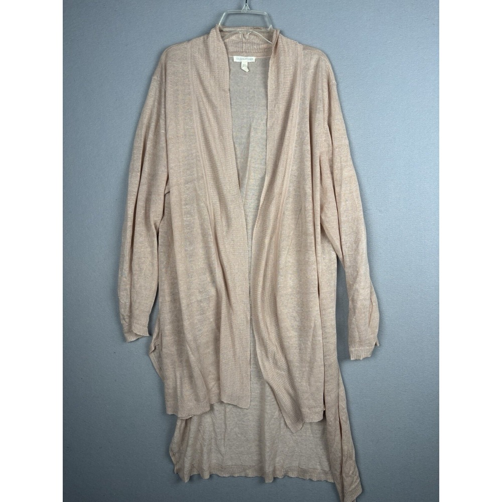 EILEEN FISHER Cardigan XL Peach Mixed Fabric Duster Sweater Long Open Front 3619